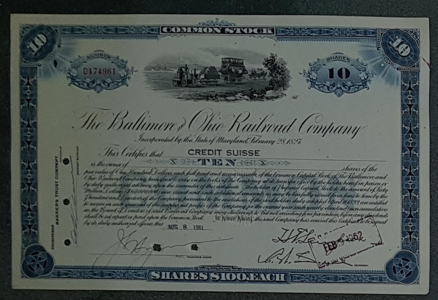 The Baltimore and Ohio Railroad Company 1961 10 Shares