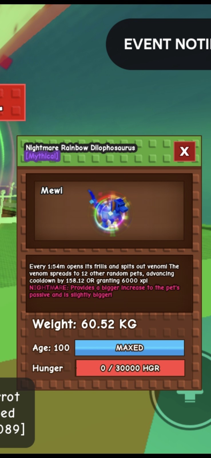 Nightmare Rainbow hatched Dilophosaurus 60kg