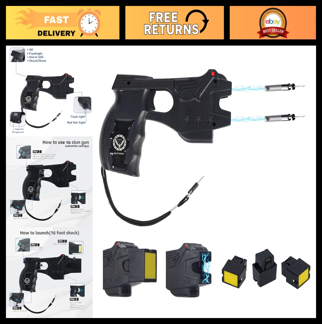 Heavy Duty Rechargeable Stun Gun with LED Flashlight, 15ft Range, Safety Switch