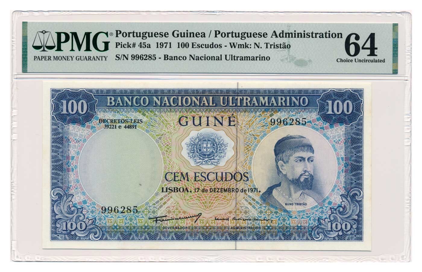 PORTUGUESE GUINEA banknote 100 Escudos 1971 PMG MS 64 Choice Uncirculated