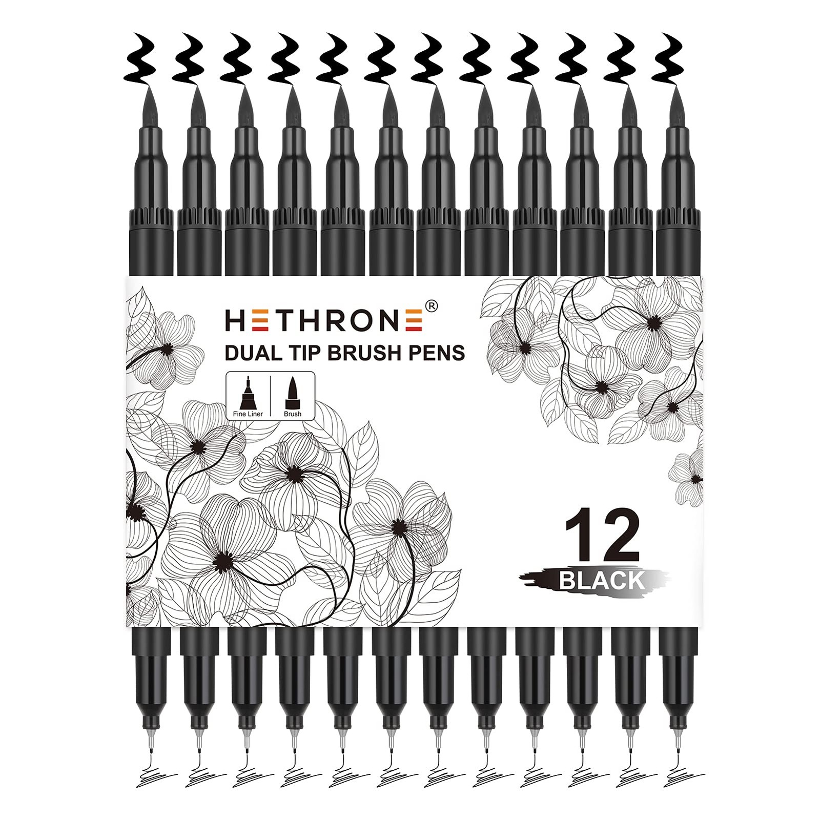 Hethrone Black Markers for Drawing - Brush Pens 1 Count (Pack of 12), 