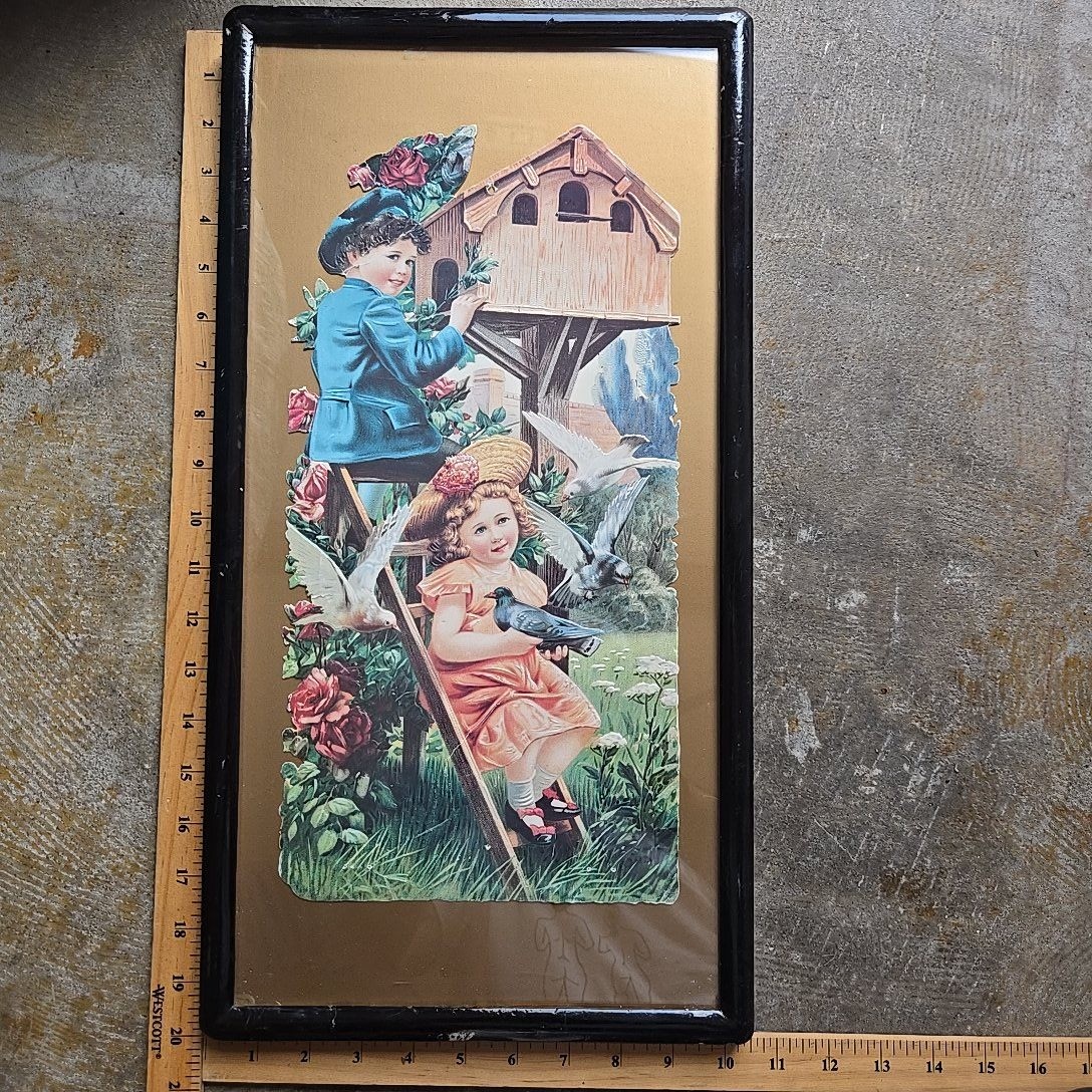 VTG West Germany Die-Cut Lacquered Frame Art 10x20" Children Birds Roses Collage