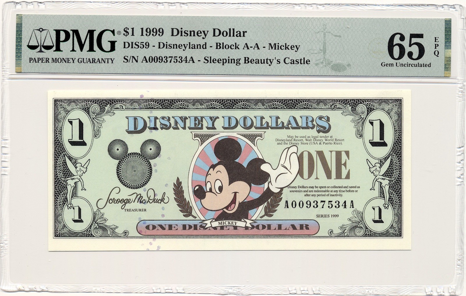 UNITED STATES (DISNEY) banknote $1 1999 PMG MS 65 EPQ Gem Uncirculated