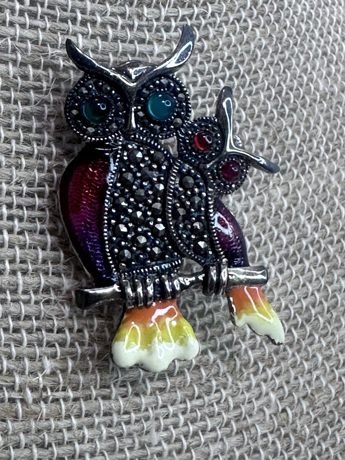 two Owls Sterling Enamel Marcasite Owl Bird Brooch