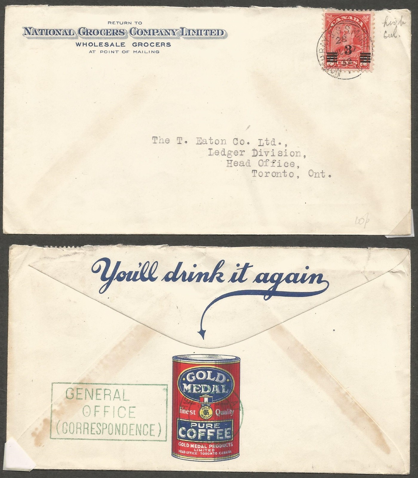 1932 Gold Medal Coffee Illustrated Advertising 3c RPO – NORTH BAY & S.S. MARIE