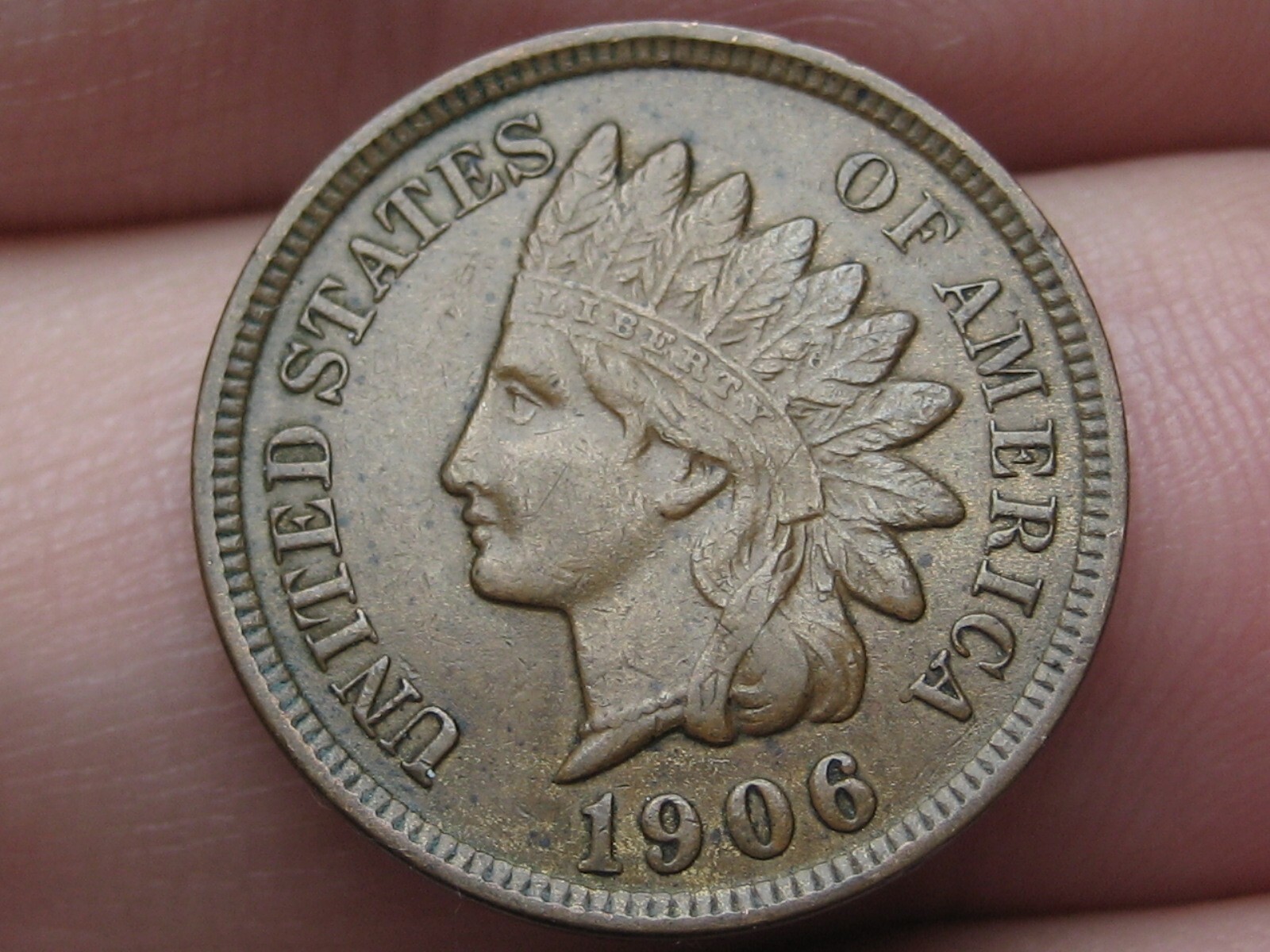 1906 Indian Head Cent Penny- AU Details, Chocolate Brown, Nearly 4 Diamonds
