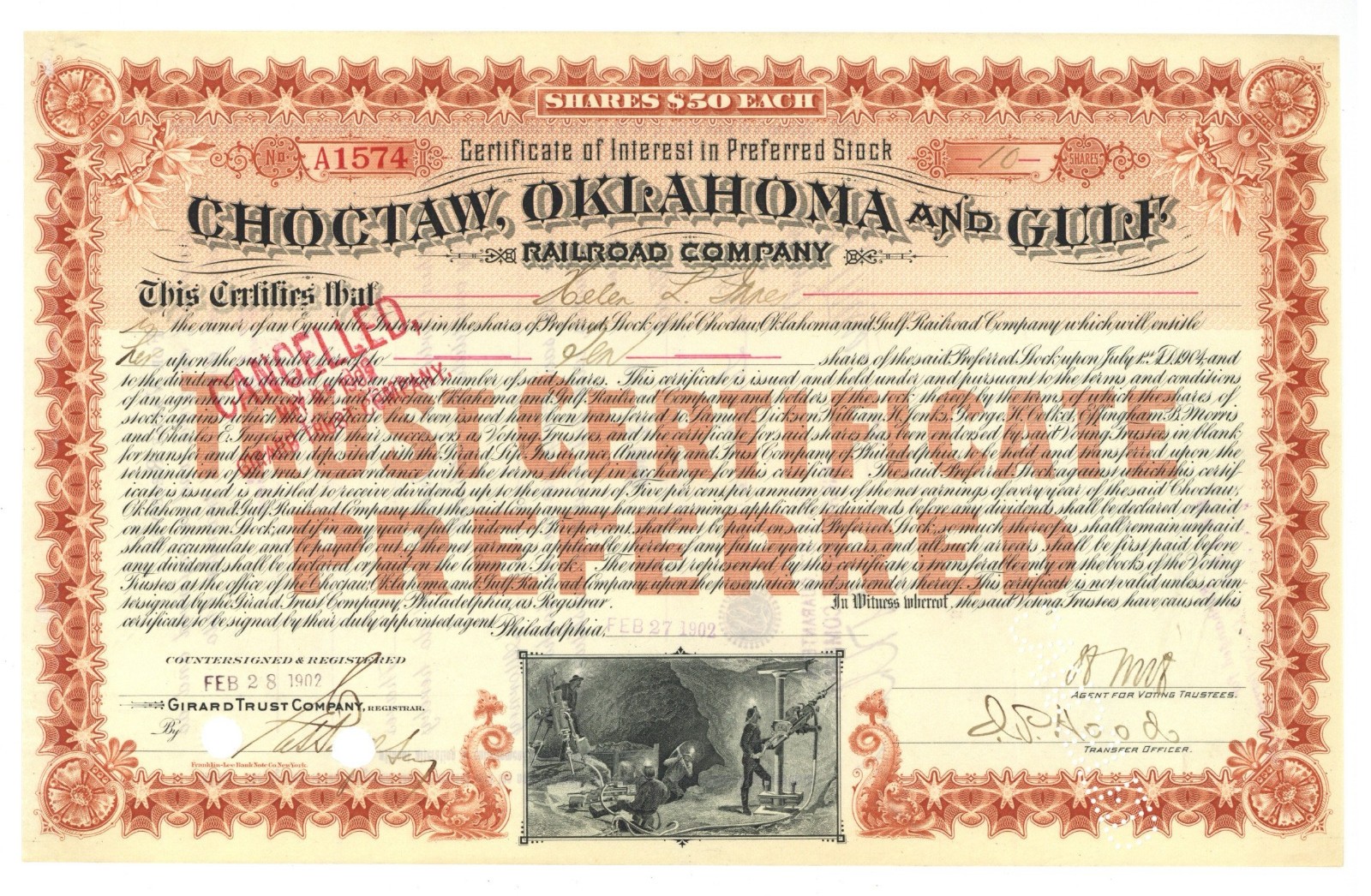 Choctaw, Oklahoma and Gulf Railroad Company. Stock Certificate. 1902