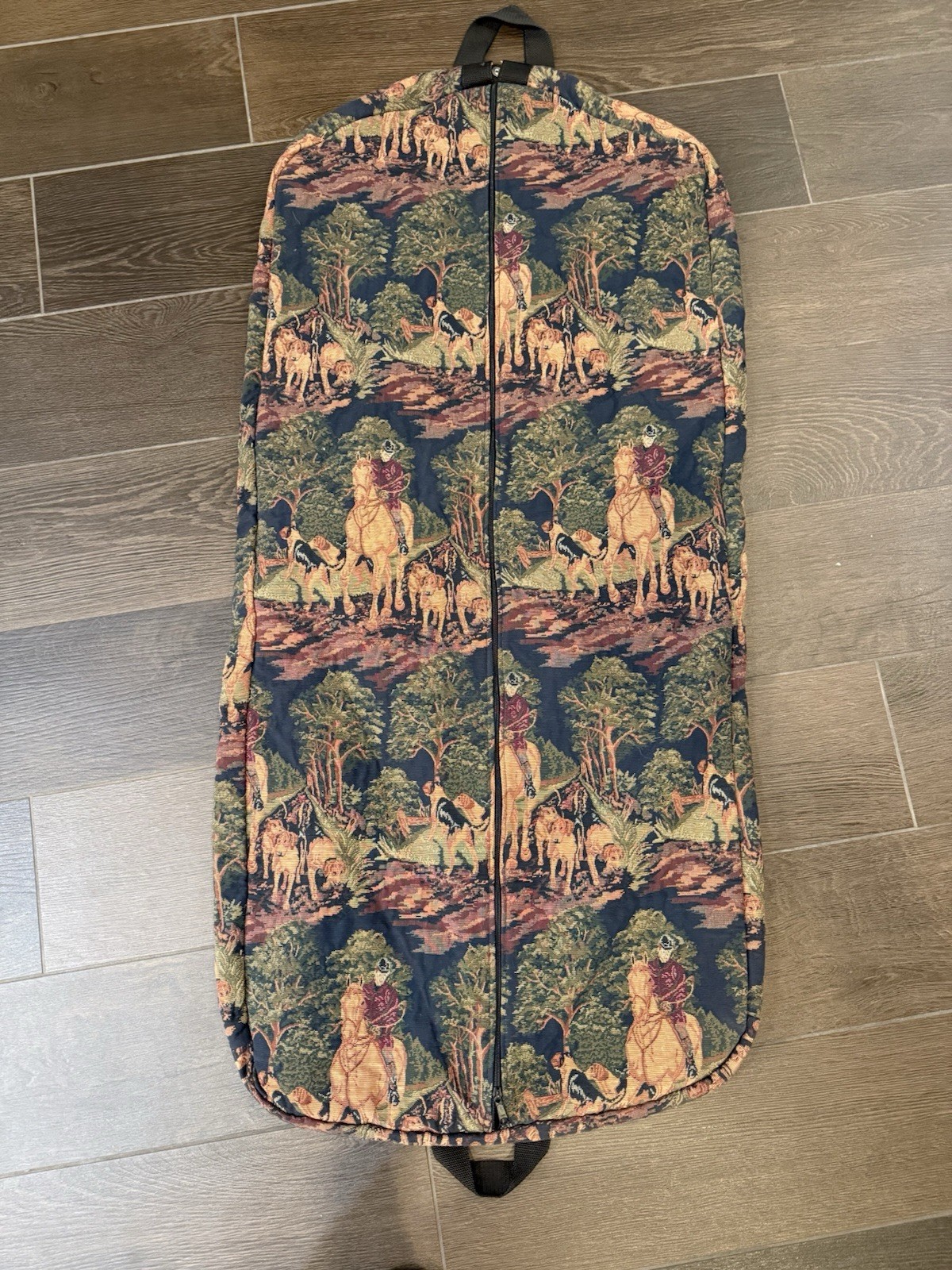 Vintage Equestrian Fox Hunt Tapestry Garment Bag Luggage Travel Dog Horse