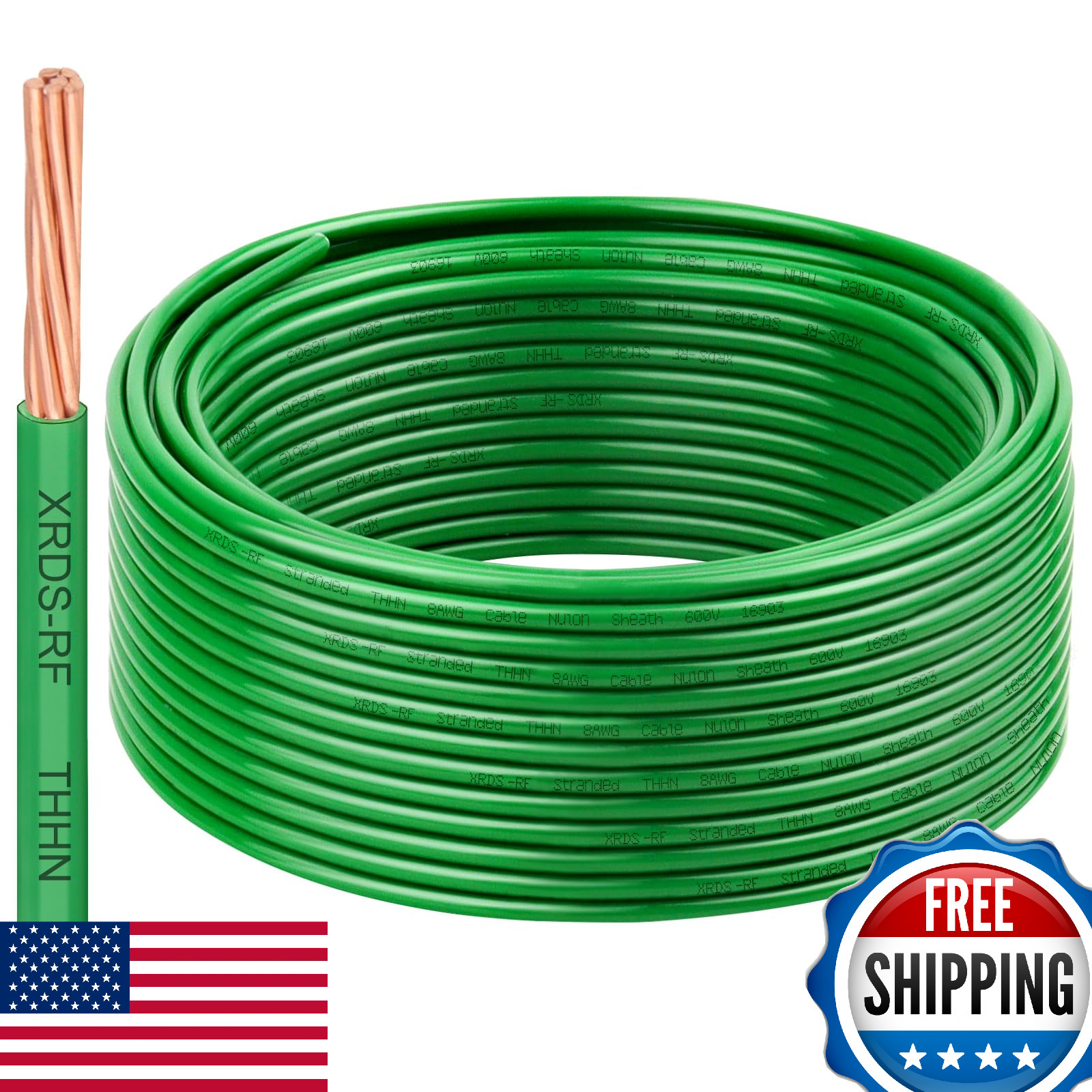8 AWG THHN Stranded Bare Copper Wire 50FT Green Grounding, Electrical, 600V
