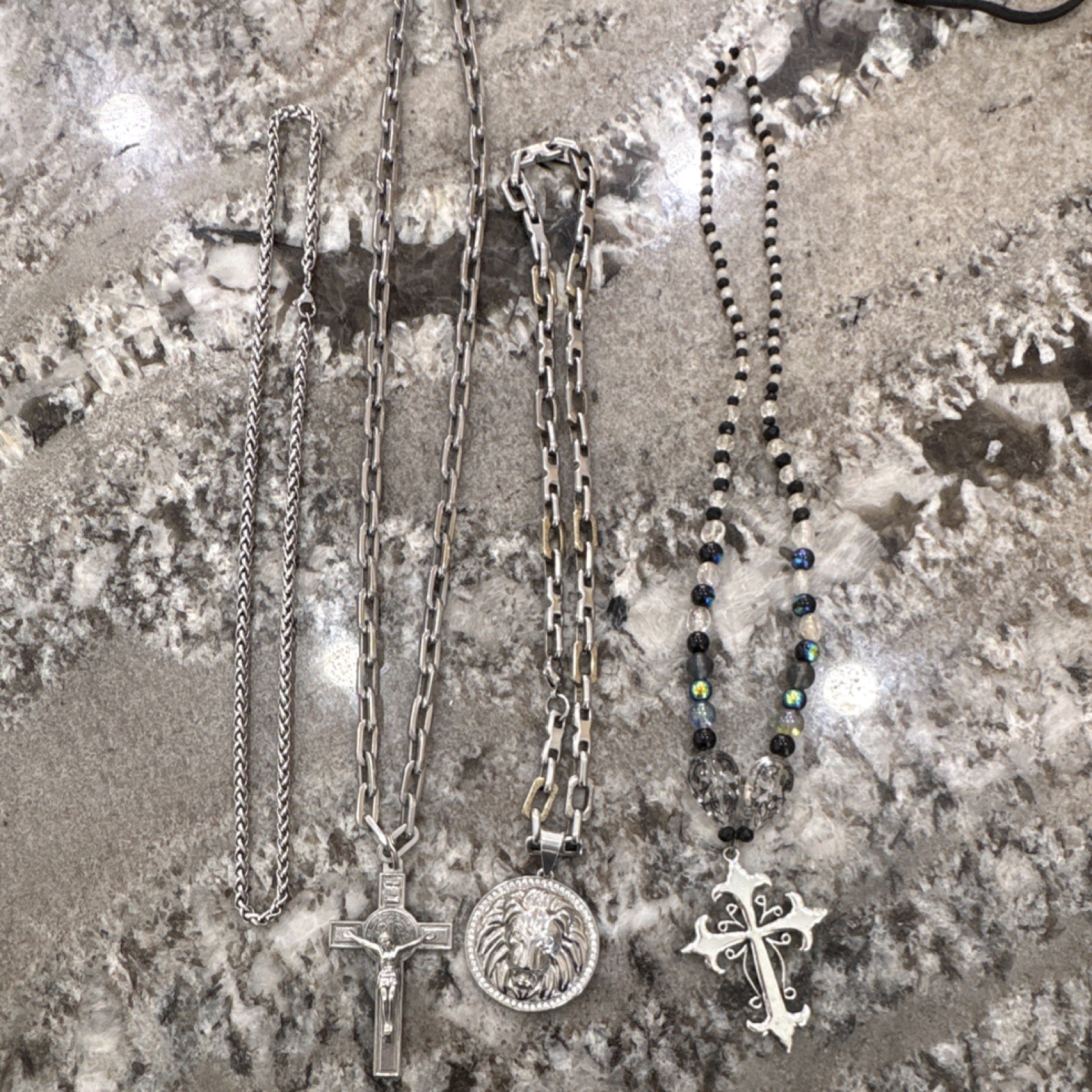 Mixed Lot of 4 Cross Necklaces & Pendants, Metal Beads, Silver Multicolor