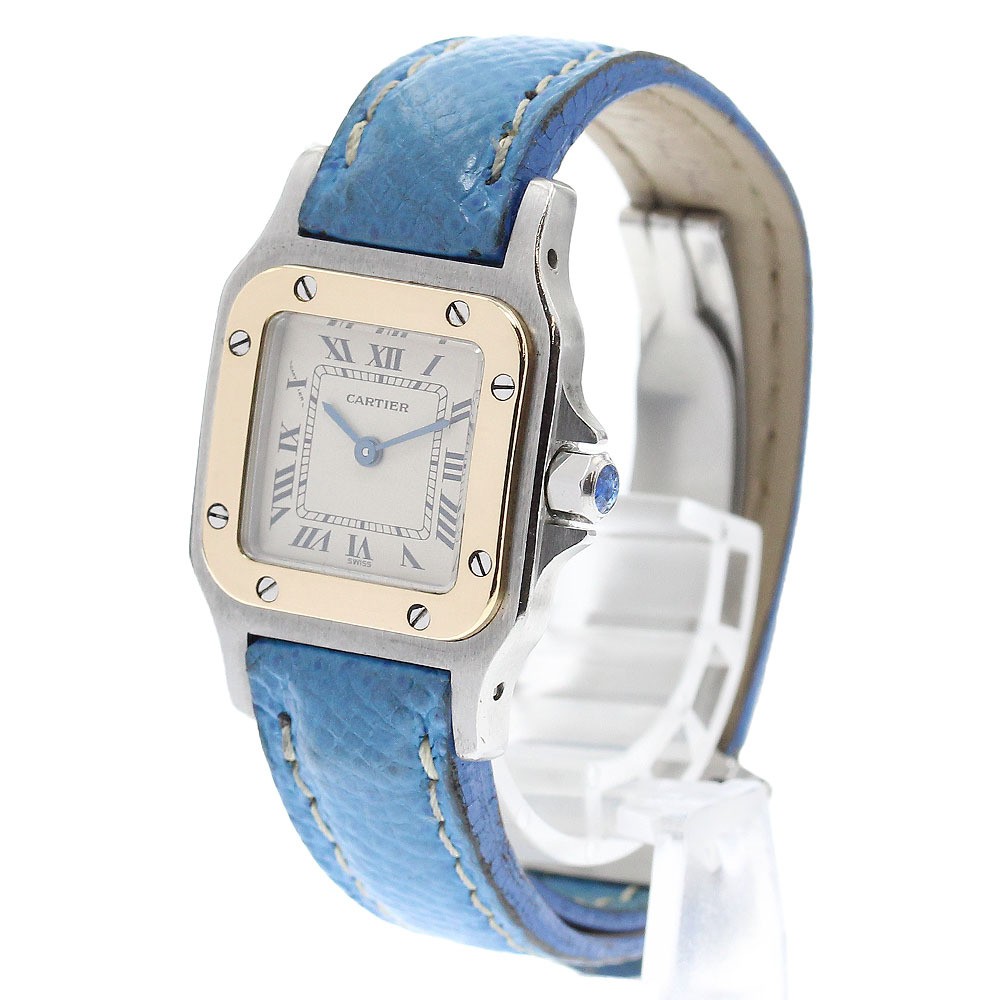 Cartier Watch Santos Galbe SM Beige Dial Quartz Leather Blue Women's Wristwatch