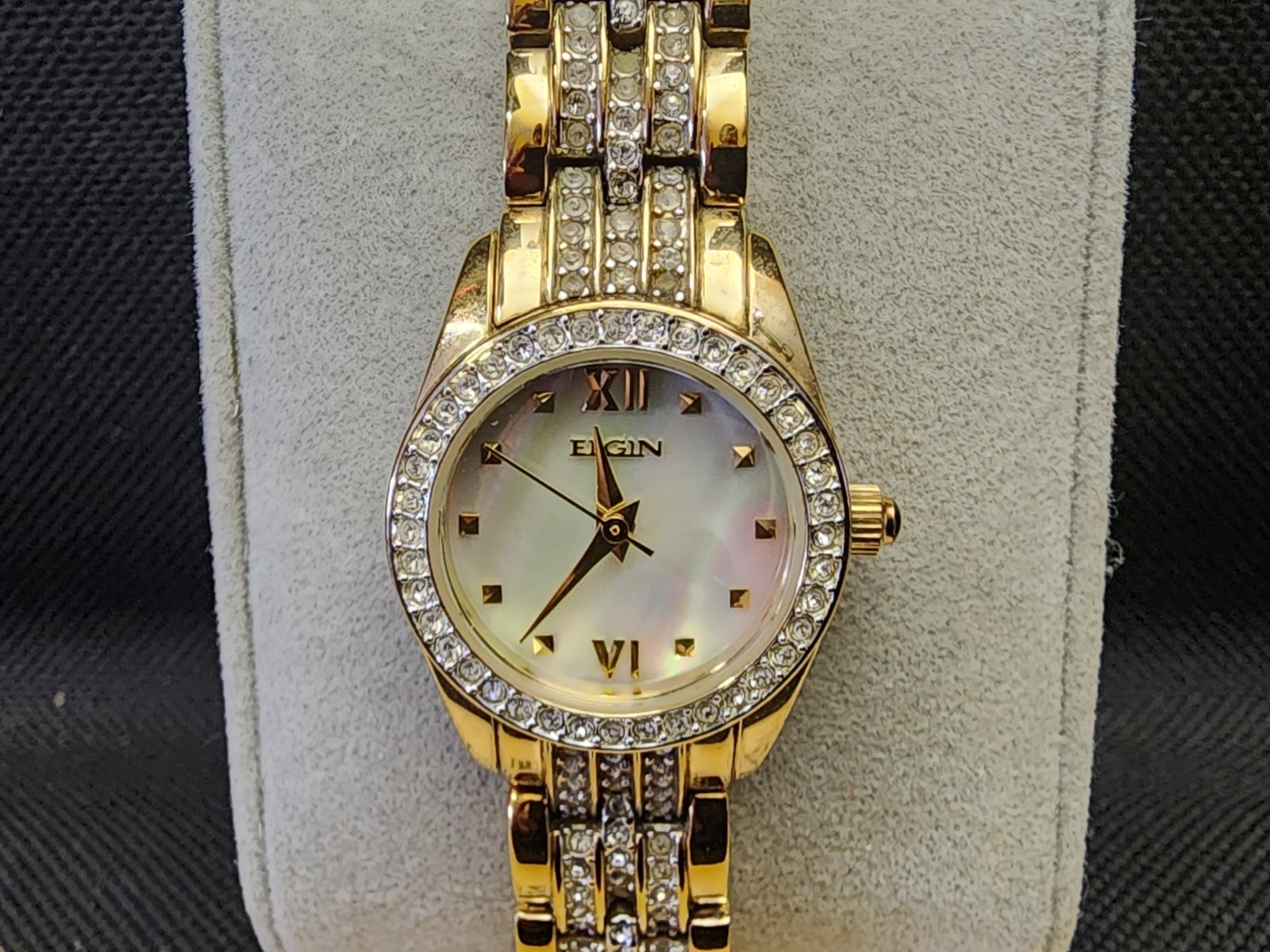 Vintage Elgin Women's Quartz Watch Works Gold Tone Used MOP Dial 
