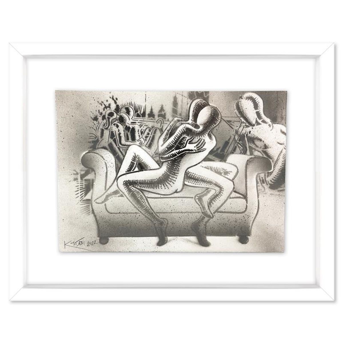 Mark Kostabi, "Morning Reverie" Framed Original Drawing on Paper, Hand Signed wi