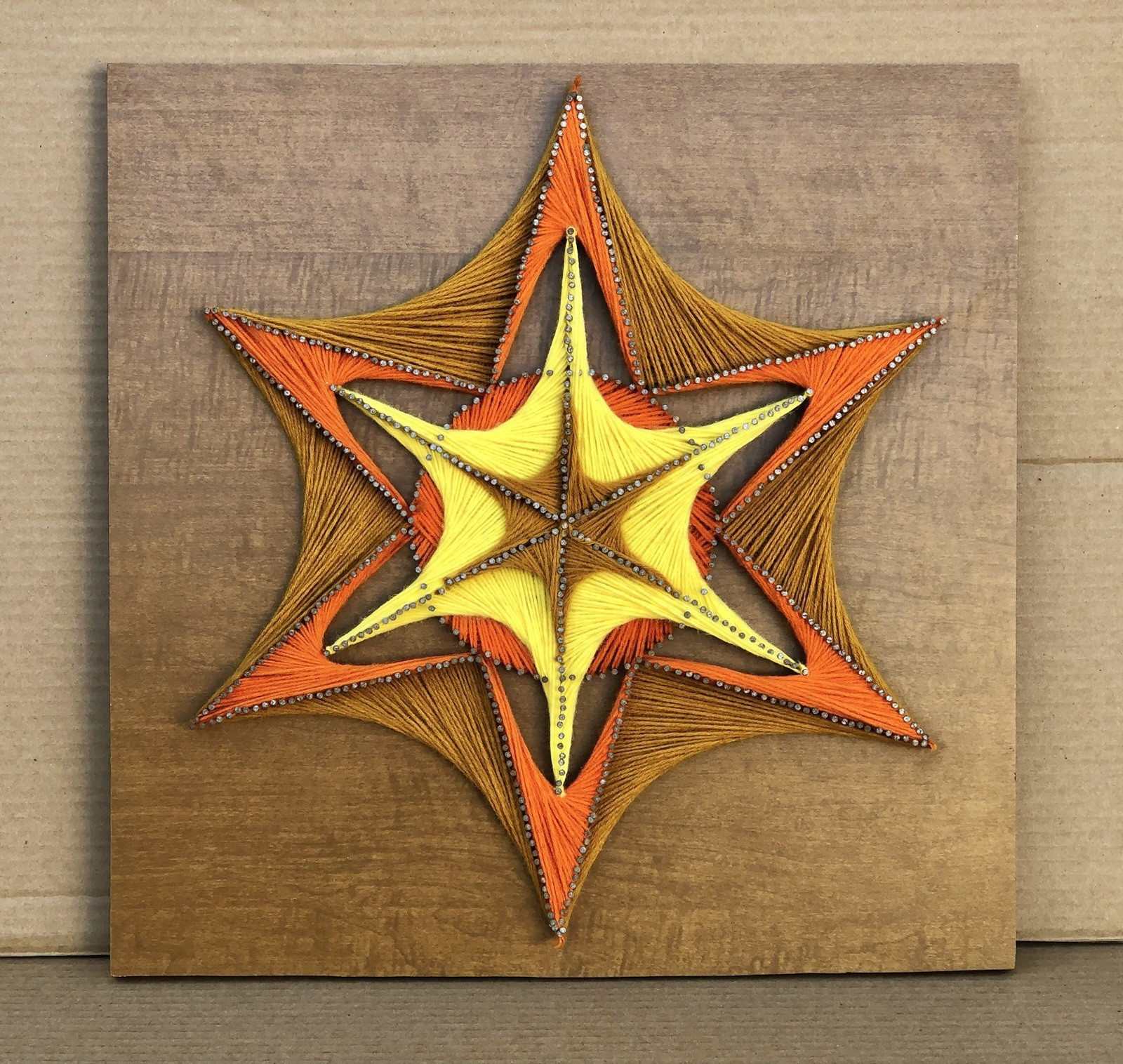 Vtg MCM 1970s Orange, Brown String Yarn Art Abstract Starburst Large 19.5"x19.5"