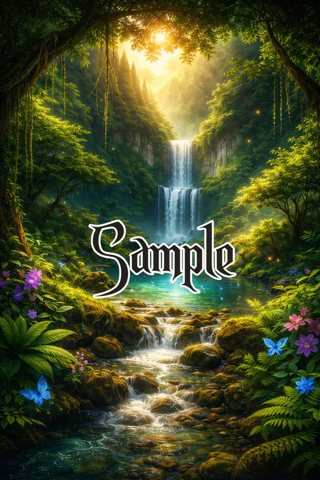 Enchanted Waterfall Forest Digital Art, Nature Landscape Wall Art Printable