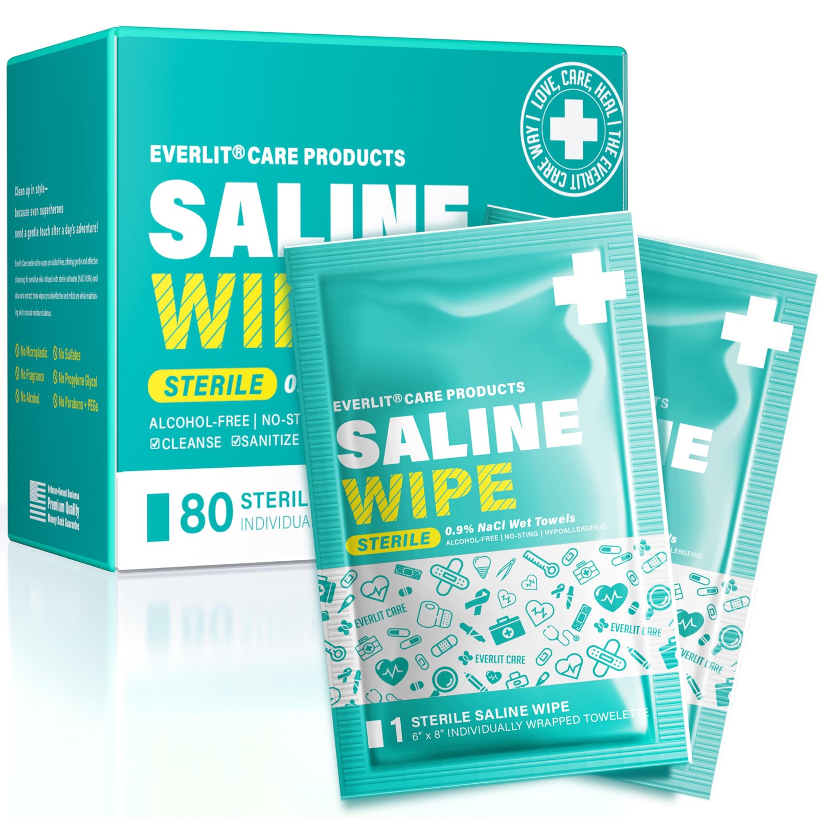 CARE Saline Wipes | 80 Pcs Sterile Wet Towelettes Formulated for Sensitive Skin