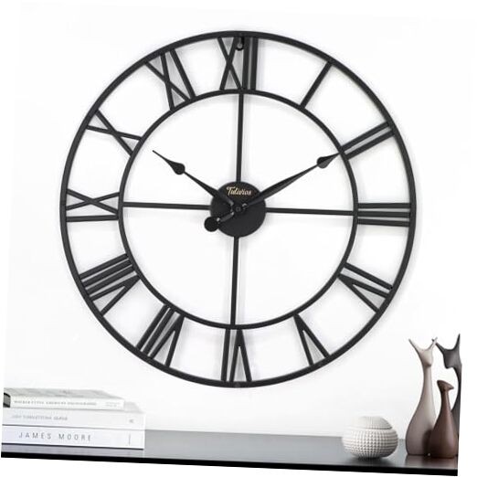 Large 24In Wall Clock,Vintage Farmhouse Wall Decor,Boho Metal Wall 24 in Black