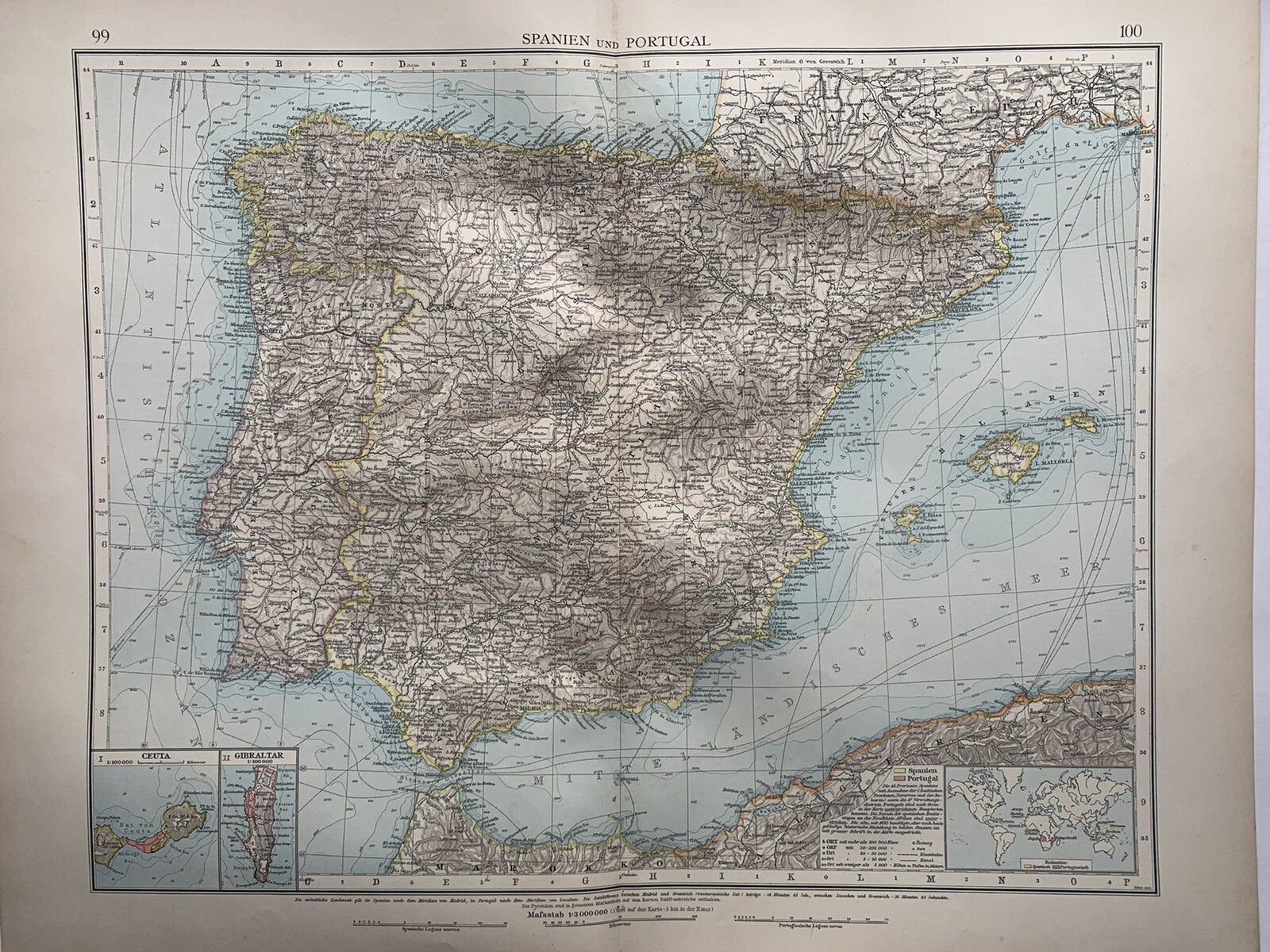 1899 Spain & Portugal Original Antique Map by Richard Andree