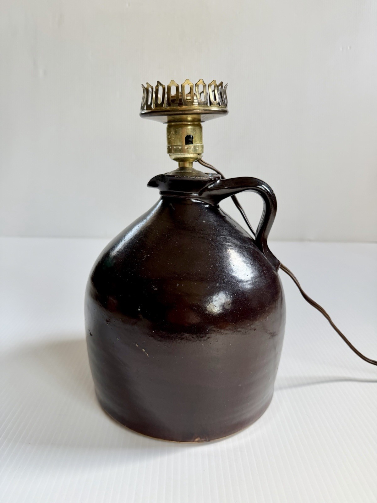 Vintage Antique Primitive Stoneware Brown Crock Whiskey Jug, Electrified Lamp