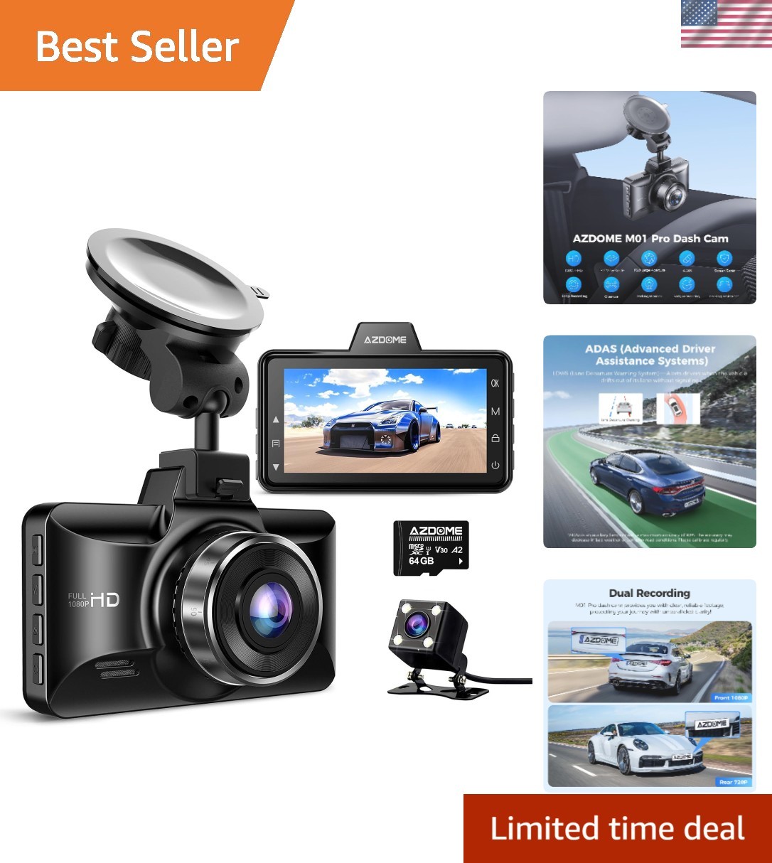 Full HD Dual Dash Cam with Night Vision & Fatigue Reminder, 64GB Card Included