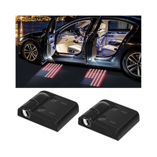 2PCS Car Door Light Logo Projector, Cool American Flag LED Wireless Ghost Red