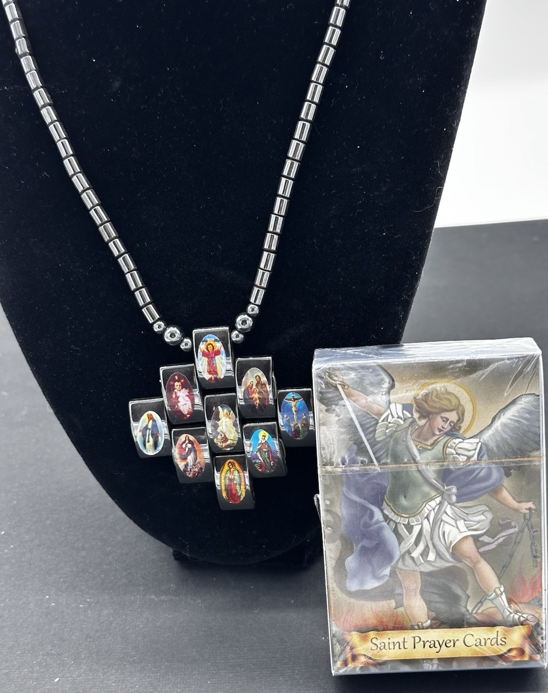 Religious Hematite Beads W/9 Biblical Saints & Saint Prayer Cards Daily Devotion