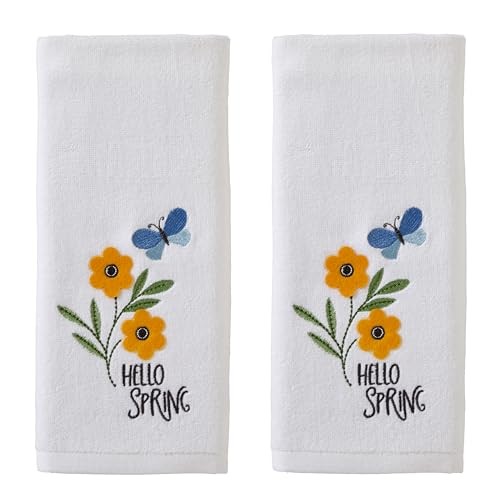  Flowers 100% Cotton 3D Embroidered 2pc Hand Towel Set, Decorative Hello Spring