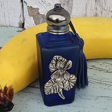 Frosted Cobalt Blue Silverplated Bluebell Flower Tapered Perfume Bottle w Tassle