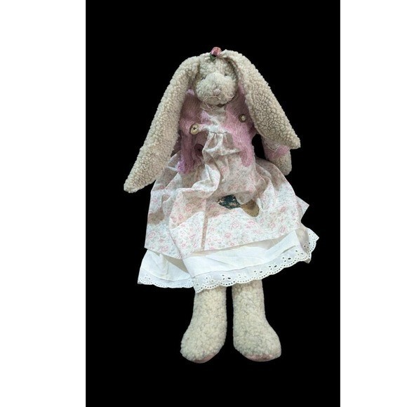 primitive vintage plush bunny rabbit pink sweater floral dress 23" Country