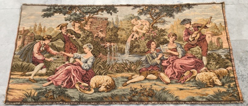 Vintage French Tapestry: Medieval Pictorial, Cozy Wall Decor 2x5 ft