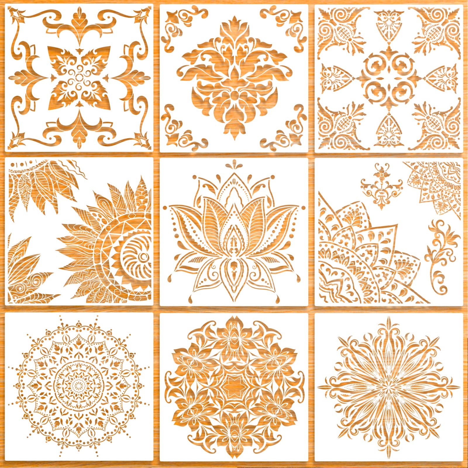 9 Pack (12x12 Inch) Large Reusable Stencil Mandala Laser Cut Style-1 