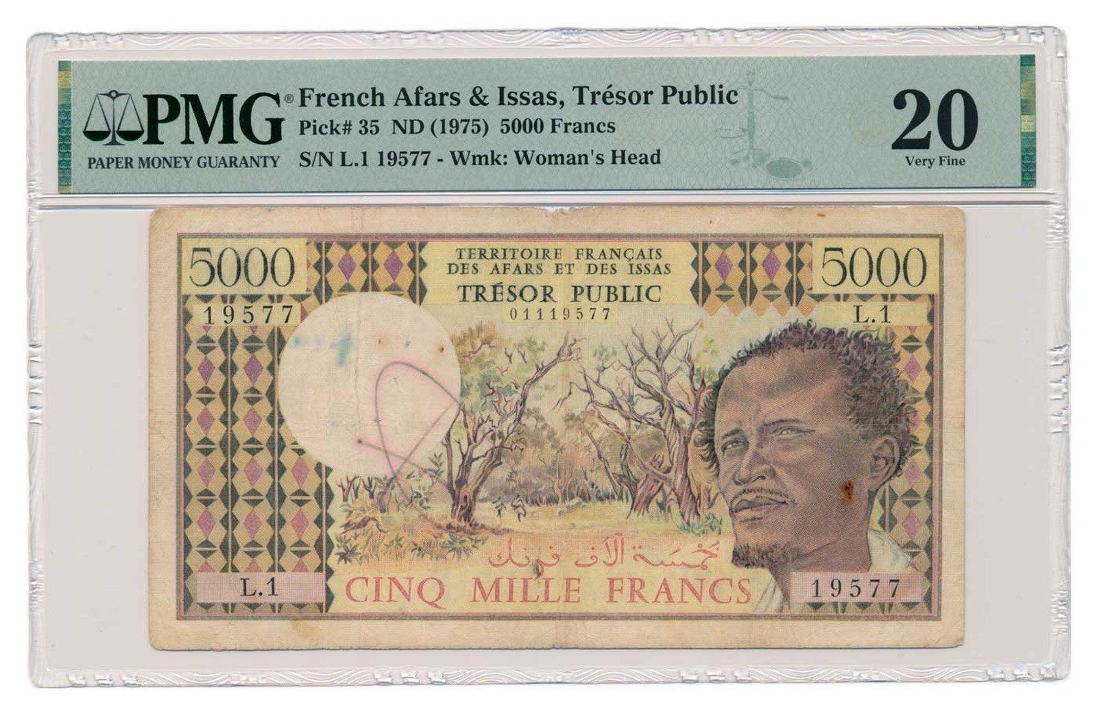 FRENCH AFARS & ISSAS banknote 5000 Francs 1975 PMG VF 20 Very Fine
