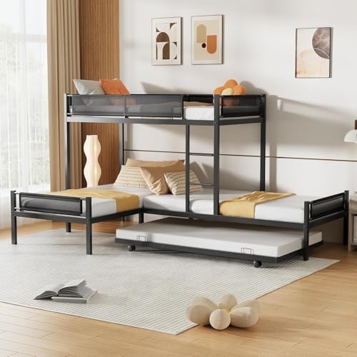 L-Shape Metal Triple Bunk Bed with Trundle 4 Kids,Teens,Adults L-Shape Triple