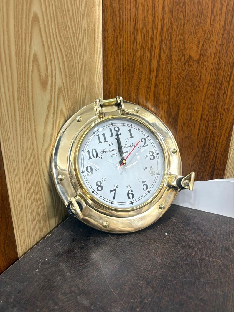 15 Inch nautical Brass Finish Ship Porthole With Clock Wall Hanging Décor