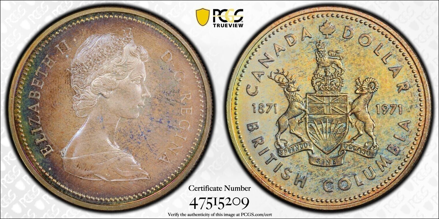 C91 1971 Canada British Columbia Specimen Silver Dollar PCGS SP67. Nicely toned