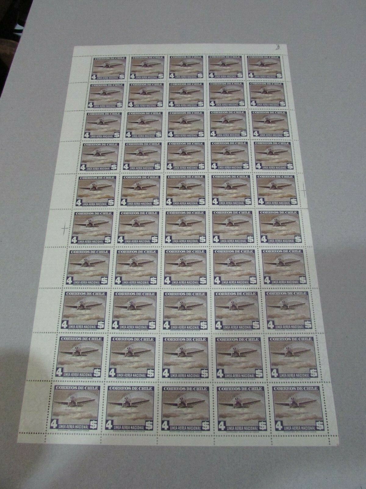 CHILE 1941-42 LAN Airplane HIGH VALUE 4 pesos violet full sheet MNH