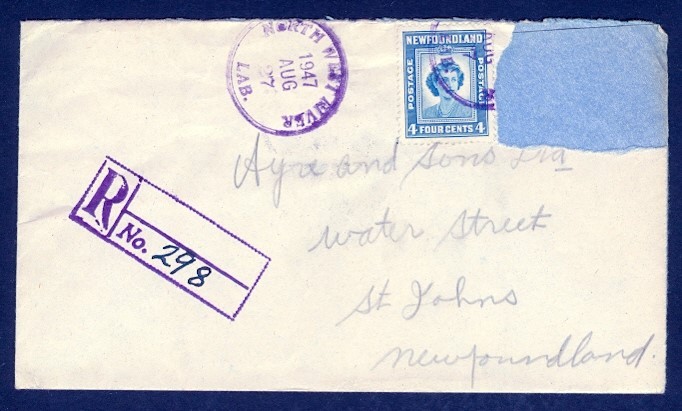 NEWFOUNDLAND NORTH WEST RIVER LABRADOR 1947 REG TO ST JOHN'S