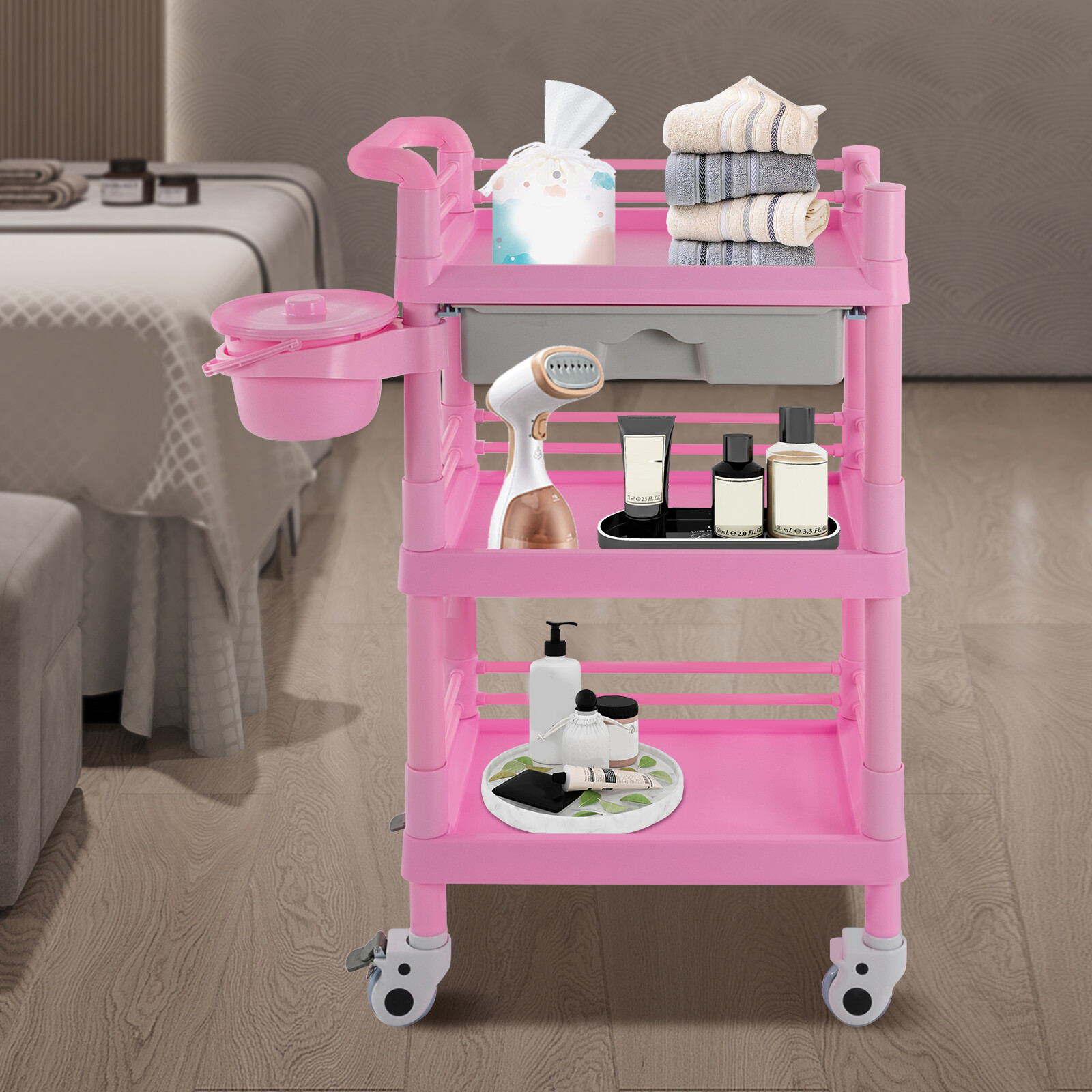 3 Tier Salon Hair Storage Trolley Movable Beauty Cart Rack W/ Drawer Office Pink