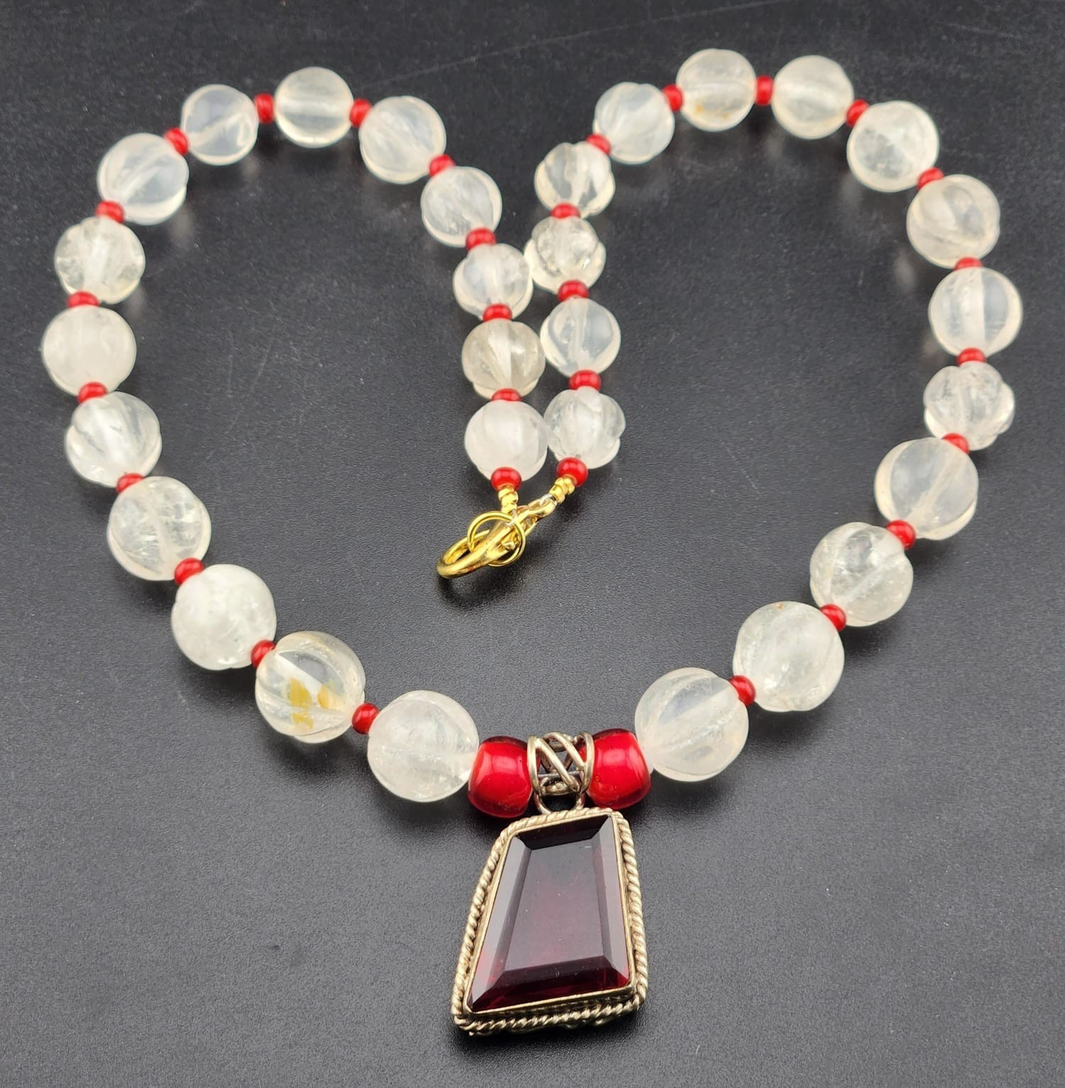 Vintage Old Himalayan Tibeten Pumkin Crystal Beads Necklace With Pandant