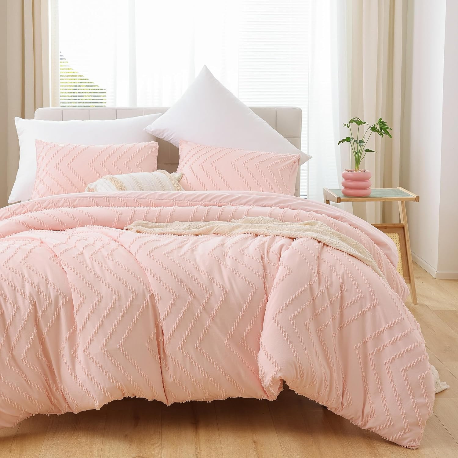 Pink Queen Size Comforter Set 3Pcs - Boho Chevron Blush Farmhouse Bedding, Verti