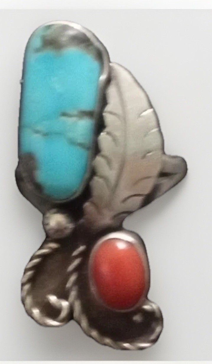 Old Pawn Navajo Handmade Sterling Silver Coral Turquoise Ring Size 5.5