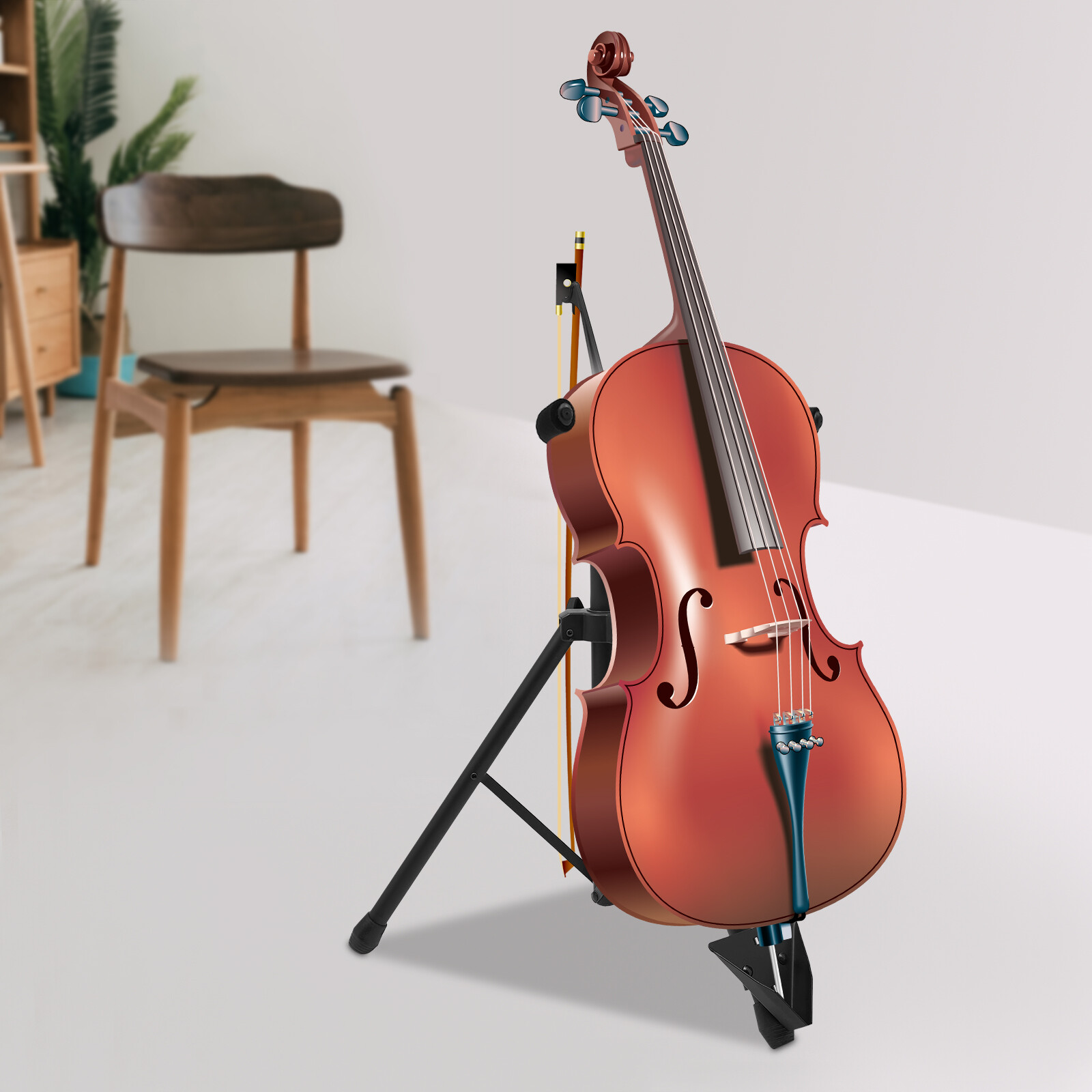 Adjustable Foldable Stand for Cello with Hook for Bow - Black