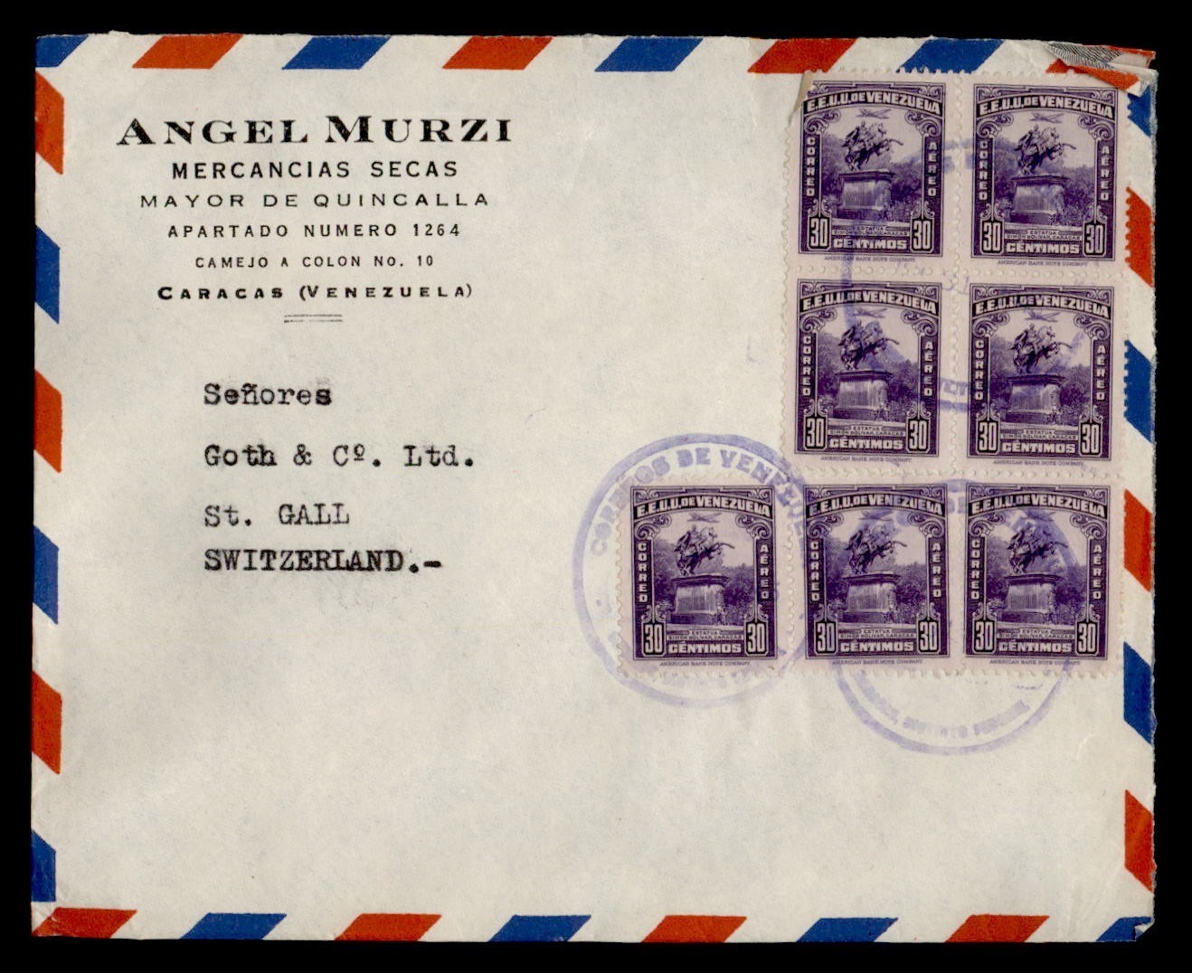 DR WHO VENEZUELA BLOCK AIRMAIL CARACAS TO SWITZERLAND M65476