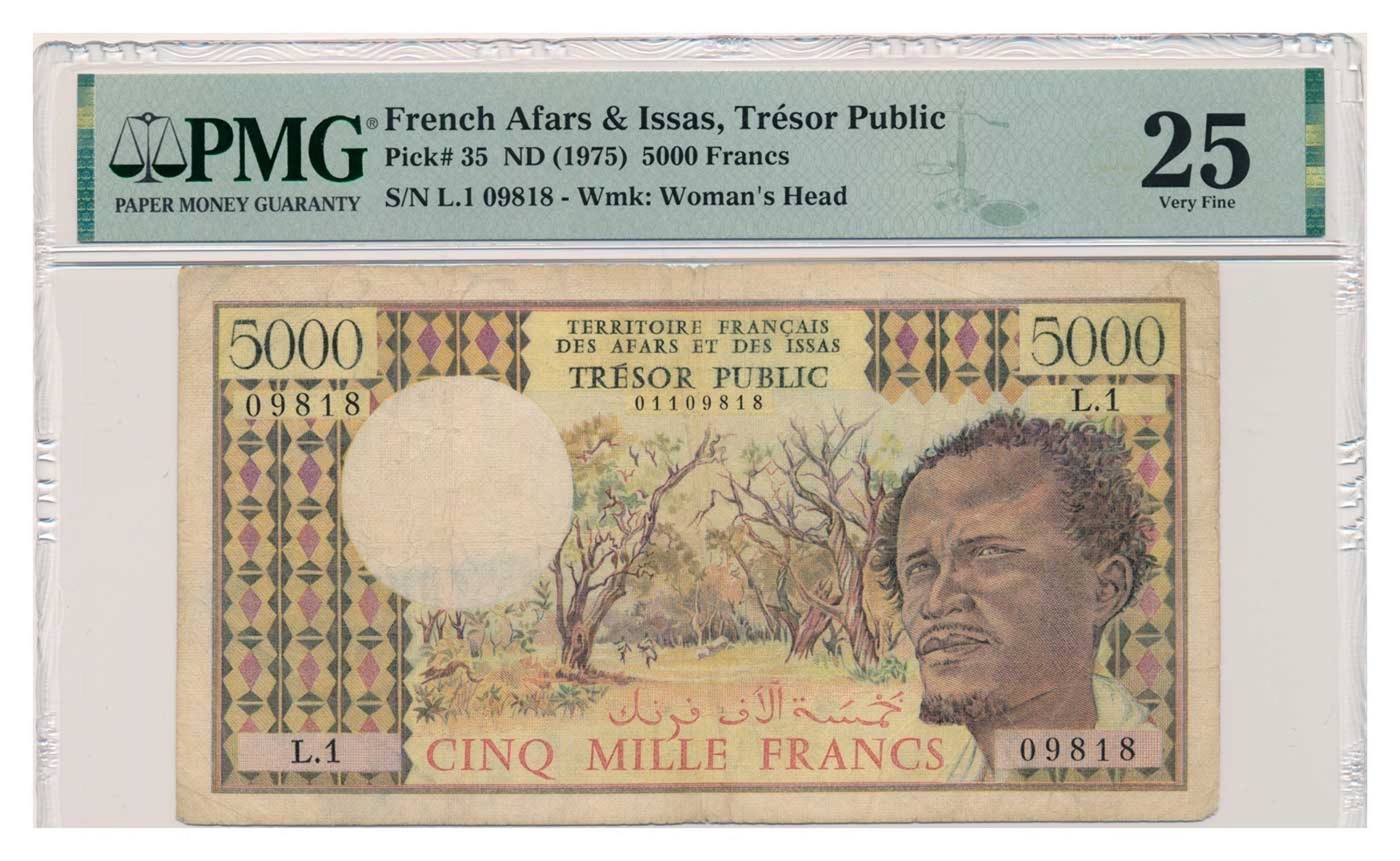 FRENCH AFARS & ISSAS banknote 5000 Francs 1975 PMG VF 25 Very Fine