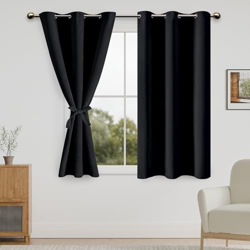 out Curtains for Bedroom with Tiebacks - Thermal 38"W x 54"L (Pack of 2) Black
