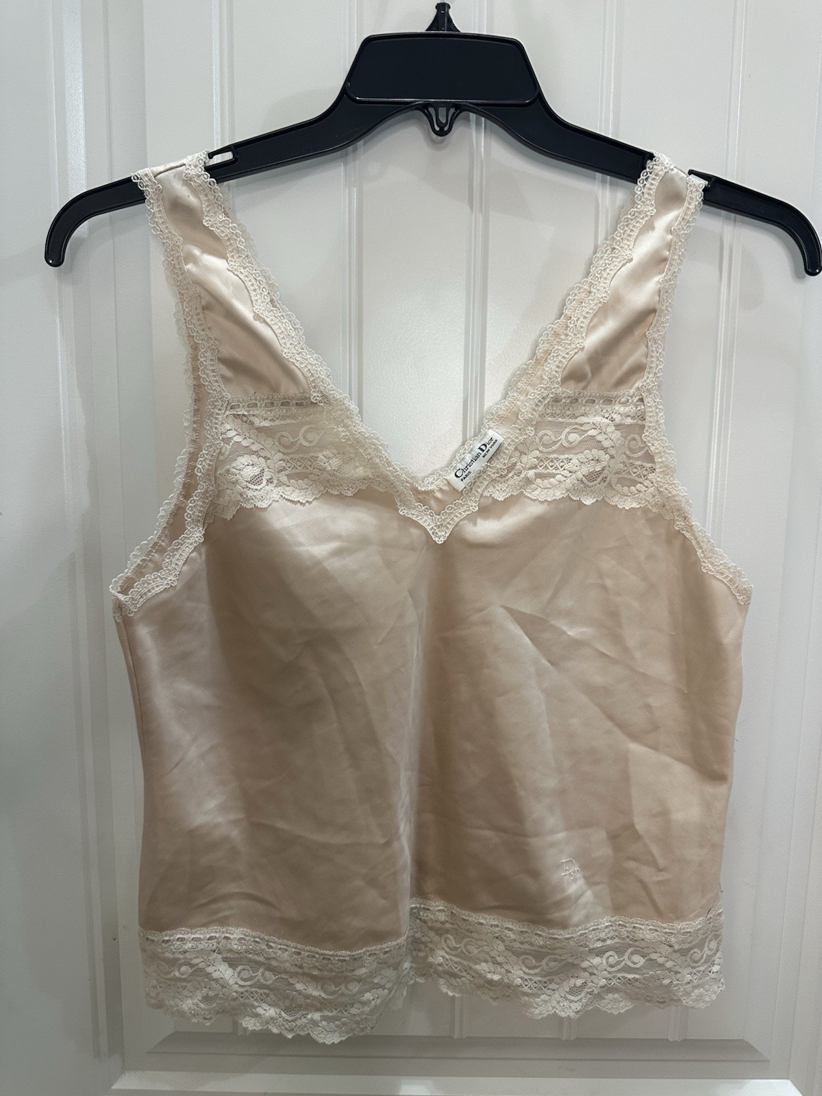 Christian Dior Camisole Beige  Vintage Lace Trim V-Neck Top S
