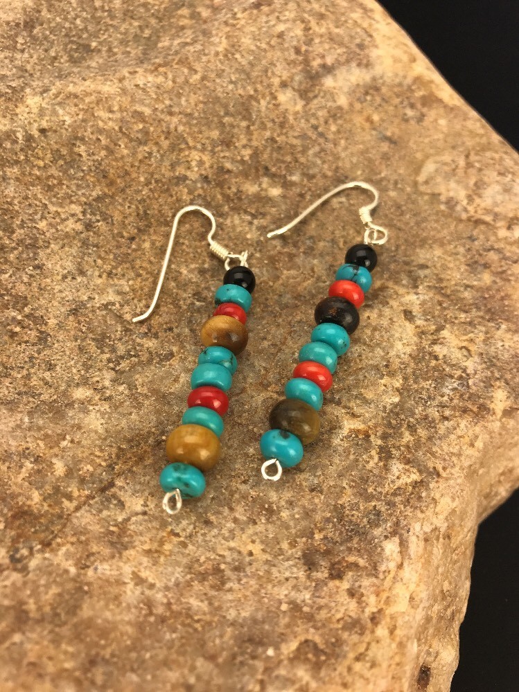 Navajo Sterling Silver Turquoise Tigers Eye Coral Earrings