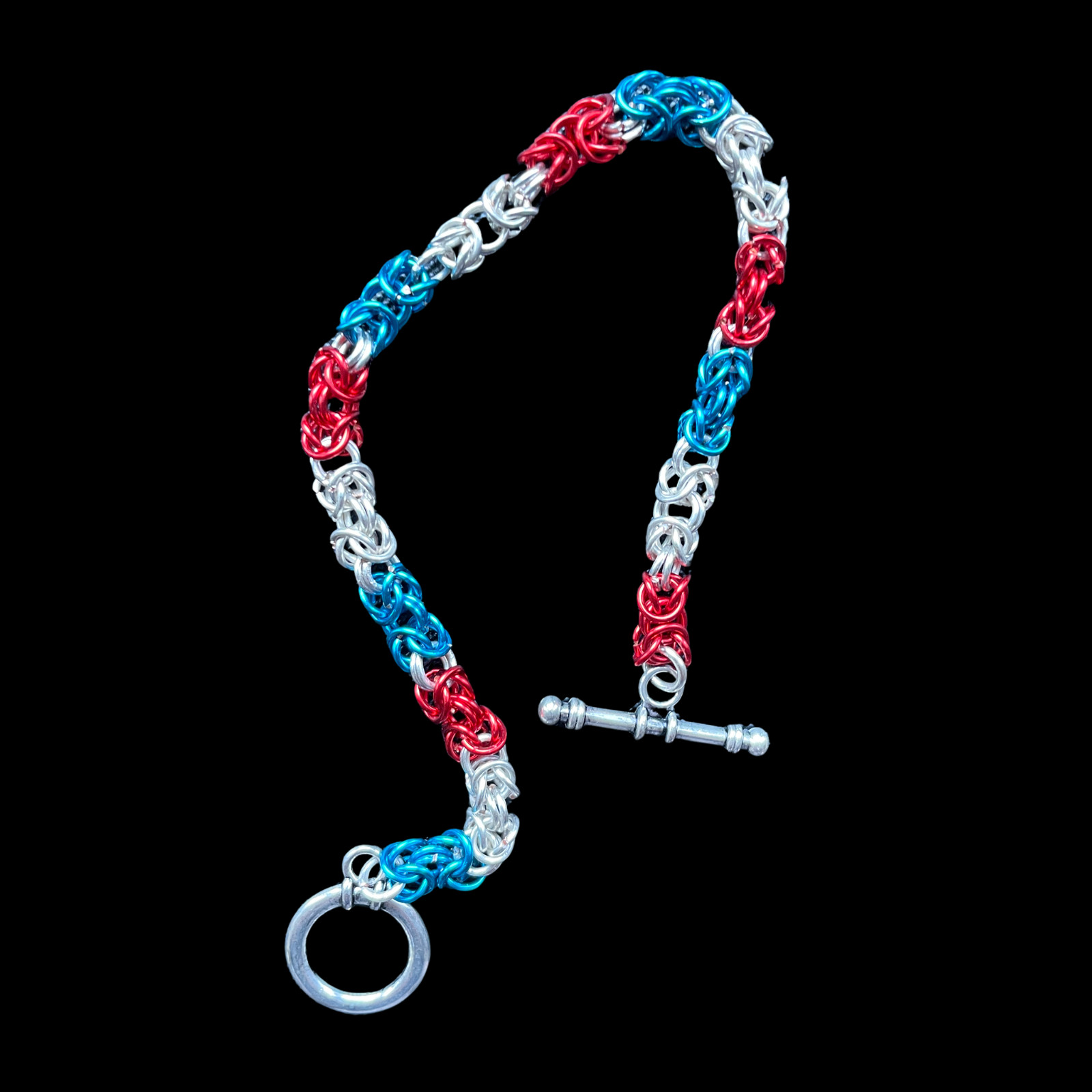 Red, Blue & Silver Byzantine Weave Chainmaille Bracelet, 8 inches