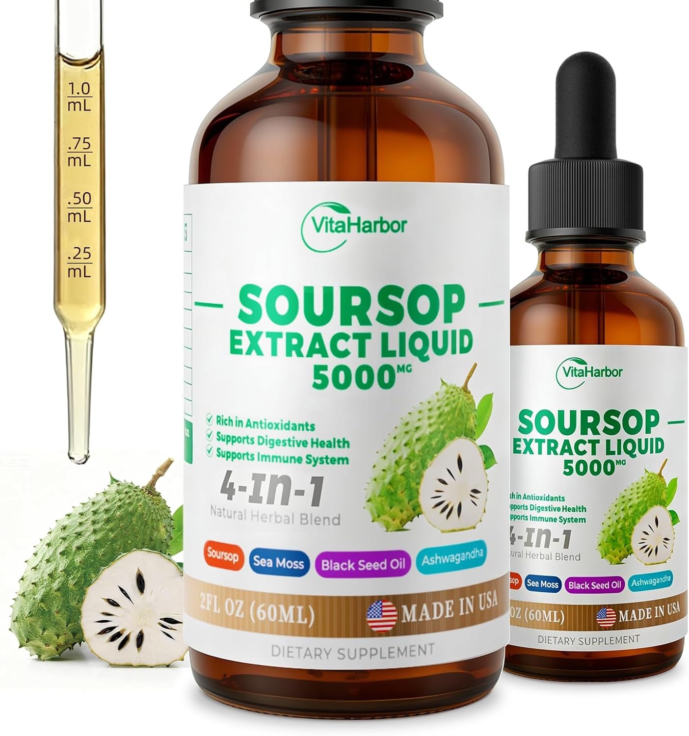 4-in-1 Soursop Bitters Liquid, Soursop Oil with Sea Moss & Black Seed Oil & Ashw