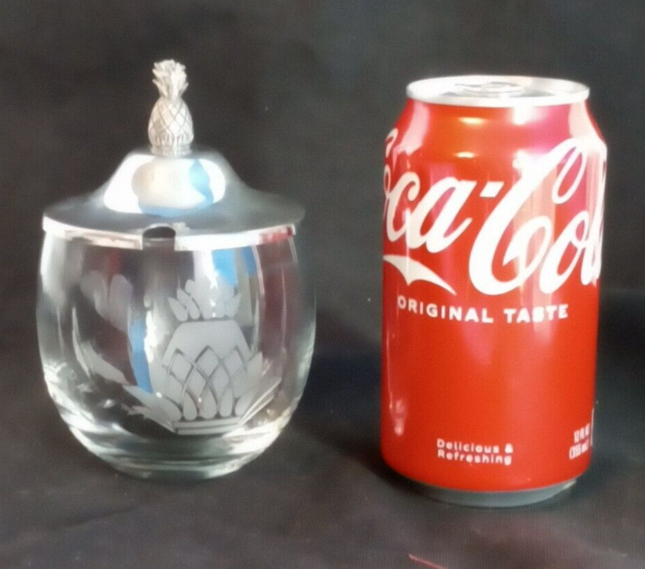 Conn House Pewter & Etched Glass Pineapple Jam Jar Sugar Bowl Condiment Vintage